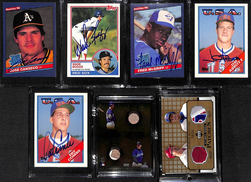 (7) Baseball Cards w. (5) Signed Rookies (inc. 1986 Donruss Canseco & 1983 Topps Boggs) and (2) Relics (Inc. Upper Deck McGwire/Sosa Dual Patch, Schilling/Johnson Quad Jersey Patch) 